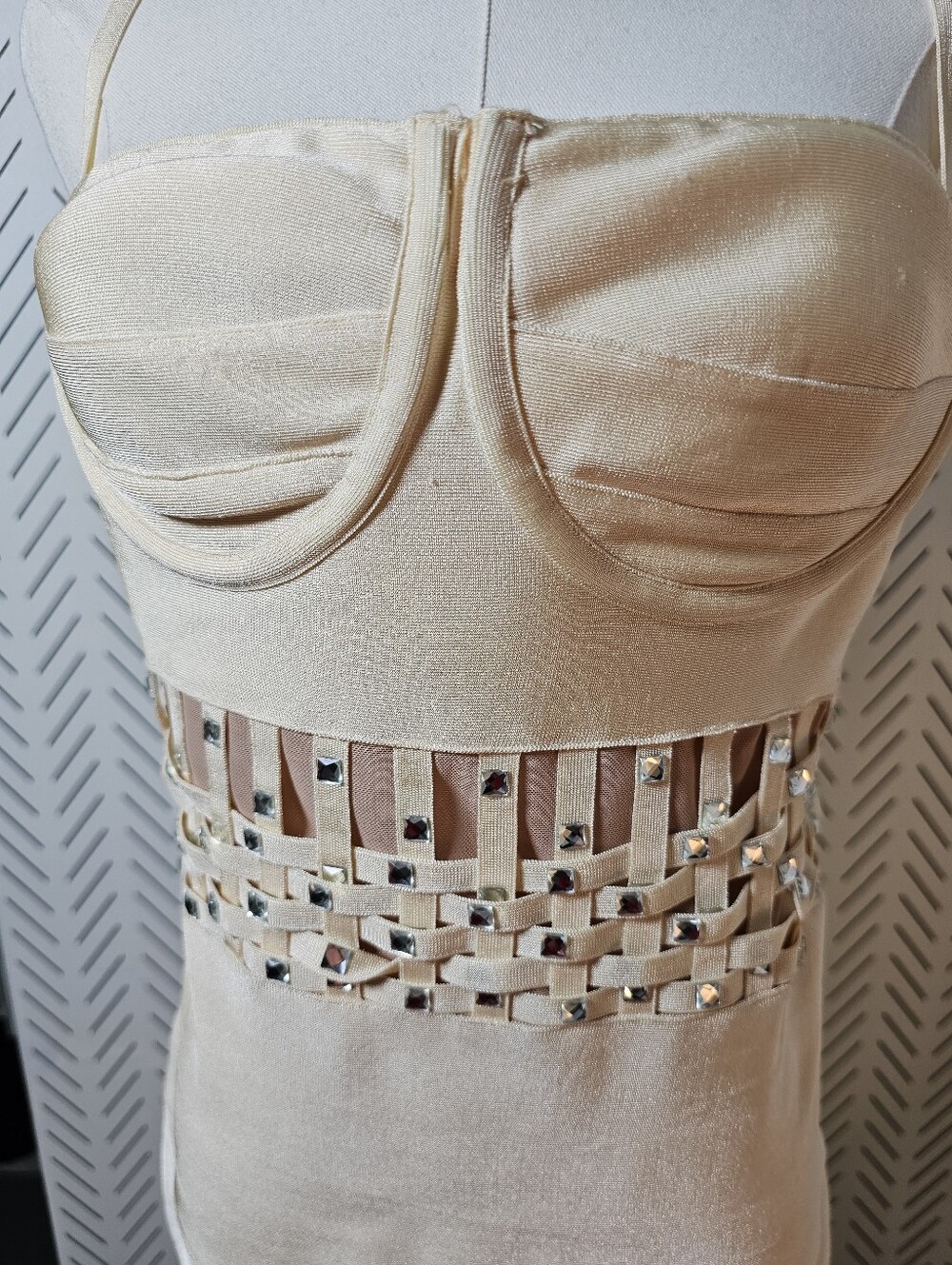 Fashion Nova Cream Strappy Midi Dress with Woven Rhinestone Waistband - Picture 3 of 11